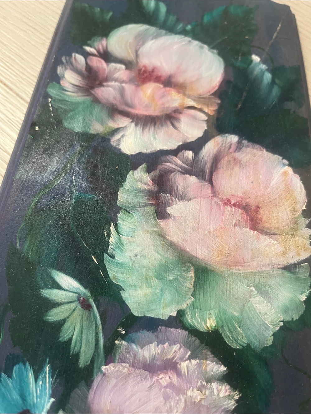 Hand-Painted Floral Wall Plaque in Blue With Multicolored Pastel Flowers